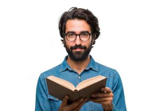 A bearded man wearing glasses reads an open book with a serious expression isolated on transparent background