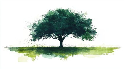 Green tree with textured paint strokes on white artistic background