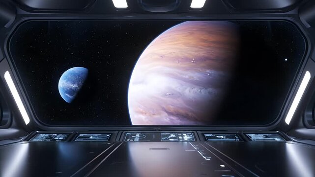 Spaceship Interior View of Large Gas Giant and Distant Blue Planet Through Rectangular Window in Starry Black Sky with Subtle Lighting