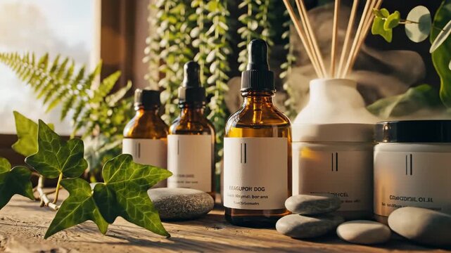 Natural Aromatherapy and Skincare Still Life - A still life featuring amber glass dropper bottles, cream jars, pebbles, and an aroma diffuser against a backdrop of lush green plants and natural light.