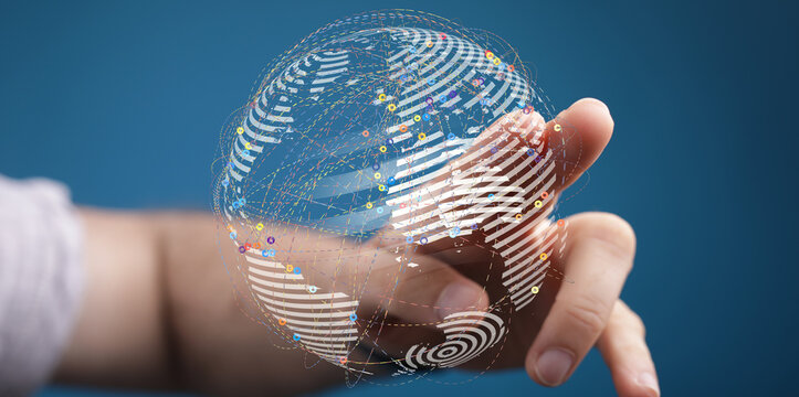 Abstract image featuring a digital globe held in a hand, symbolizing global connectivity, data transfer, and technological advancemen