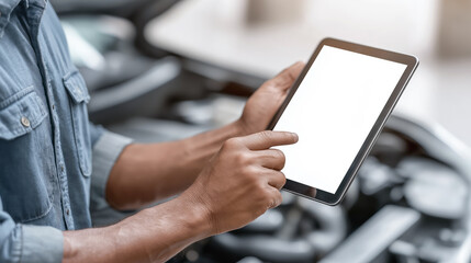 Mechanic hands holding a tablet with a blank white screen in front of an open car hood, illustrating automotive diagnostics and modern repair service.