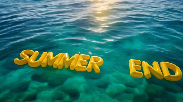 Yellow inflatable SUMMER END letters floating on turquoise ocean water with sunlight reflections