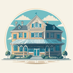 Fototapeta premium Charming vintagestyle twostory building with a wide striped awning detailed windows and decorative gables.