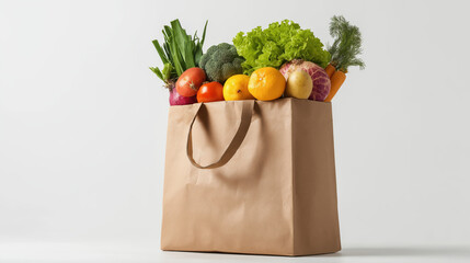 brown paper grocery bag is brimming with colorful fresh produce including greens, citrus fruits, and root vegetables against a clean white background