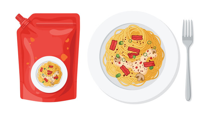 Spaghetti with sauce in a pouch and on a plate with a fork, a convenient meal option for quick and easy dining or food delivery services.