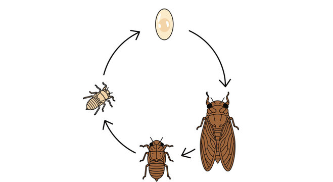 Illustration of the cicada life cycle showing egg, nymph stages, and adult cicada with arrows indicating the progression of development.