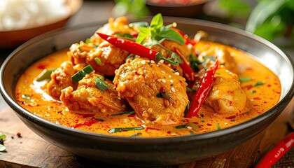 A close-up shot of a flavorful chicken curry dish, garnished with red chilies, green onions, and fresh herbs, served in a dark bowl.