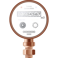 A Round Copper Water Meter With A Digital Display Showing The Number 01234567 And Various Symbols On A Transparent Background With Copper Pipe Fitting