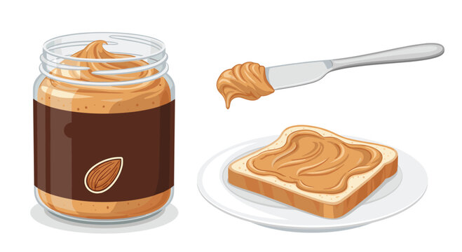 A jar of almond butter with a knife spreading it onto a slice of bread on a white plate, illustrating a healthy snack or breakfast option.