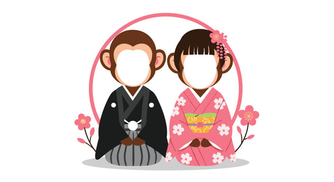 Charming illustration of monkey couple dressed in traditional Japanese wedding attire, framed by a pink circle and cherry blossoms.