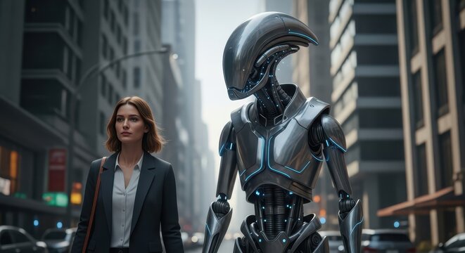 Futuristic encounter human and robot walk in urban cityscape digital art modern environment side view technology concept - Powered by Adobe