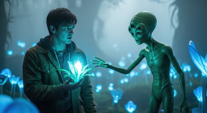 Alien encounter with a young man enchanted forest fantasy scene ethereal atmosphere close-up friendship concept