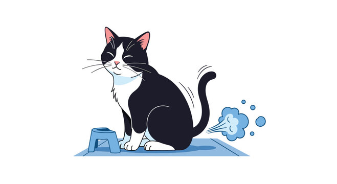 A charming cartoon illustration depicts a black and white tuxedo cat blissfully practicing yoga on a mat, emitting a small puff of gas during the pose.
