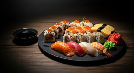Sushi platter presentation japanese restaurant food photography dim lighting close-up culinary art