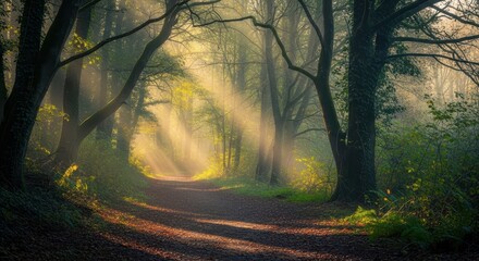 Serene nature walk enchanted forest photography early morning dreamy light rays