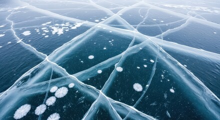 Ice patterns forming on frozen lake natural landscape aerial view winter wonderland nature photography