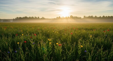 Breathtaking sunrise over vibrant flower field rural landscape nature photography peaceful environment wide angle view