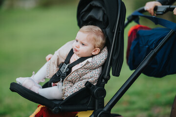 Obraz premium A baby rests in a stroller attached to a bike, outdoors in a park. Sheltered by a hood, the child looks curiously ahead in a calm, family moment.