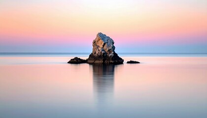 A solitary rock formation stands in the calm ocean water, reflecting the pastel colors of a tranquil sunrise or sunset sky.