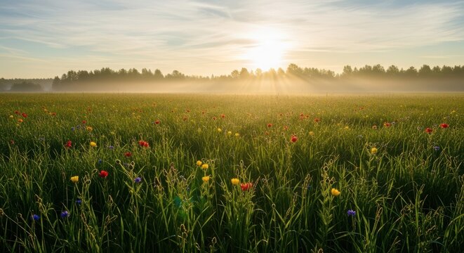 Breathtaking sunrise over vibrant flower field rural landscape nature photography peaceful environment wide angle view - Powered by Adobe