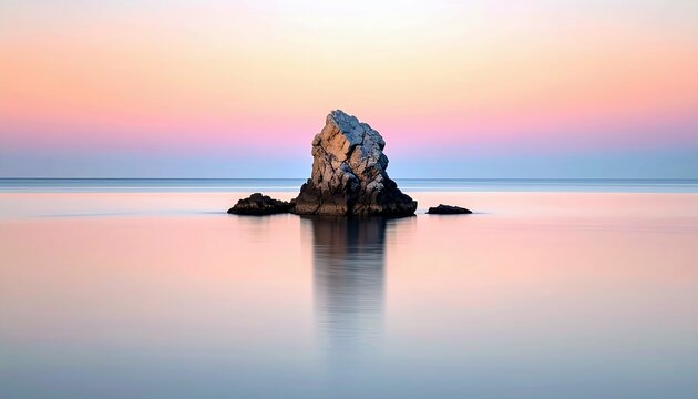 A solitary rock formation stands in the calm ocean water, reflecting the pastel colors of a tranquil sunrise or sunset sky. - Powered by Adobe