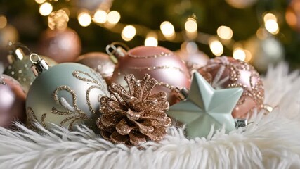 Elegant Christmas Ornament Display - A close-up showcases assorted pastel-colored Christmas ornaments arranged on a soft, white faux fur surface. - Powered by Adobe
