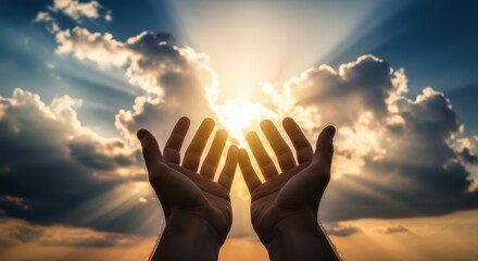 Reaching for light hands embracing sun rays nature's beauty outdoor viewpoint spiritual concept