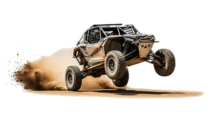 Off-road buggy mid-air jump kicking up dirt and dust, isolated on a white or transparent background, cutout, PNG