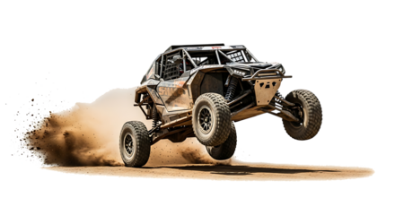 Off-road buggy mid-air jump kicking up dirt and dust, isolated on a white or transparent background, cutout, PNG