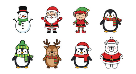 Fototapeta premium Christmas cartoon characters gathered together outdoors in winter.