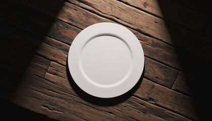 Simple White Plate on Rustic Wooden Table Under Soft Light