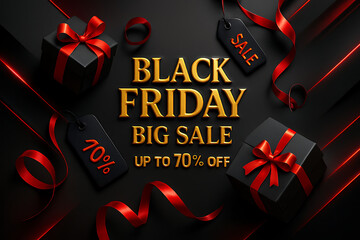 Golden black friday big sale announcement with gifts and ribbons up to 70 percent off promotion on dark background
