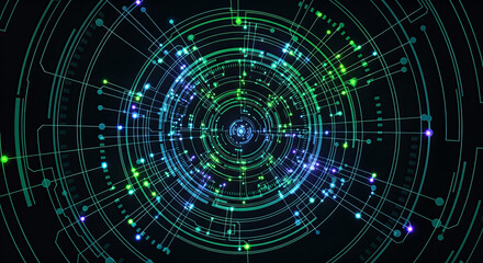 Abstract digital technology background with glowing data points and concentric circuit patterns.