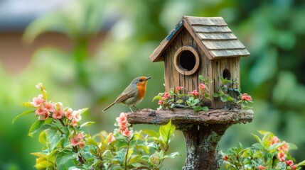 Colorful songbird near wooden birdhouse surrounded by blooming garden flowers