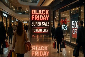 Shoppers walk through a brightly lit shopping mall hallway illuminated by a large neon sign advertising a black friday super sale with discounts and special offers tonight only
