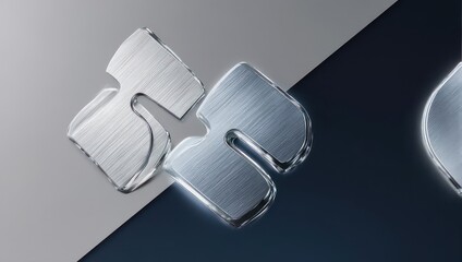 Abstract 3D rendered metallic glass symbol on a modern split background.