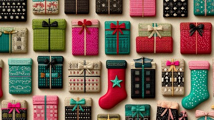 Colorful Christmas Gifts and Stockings Arranged in Rows with Festive Patterns presents holiday photo