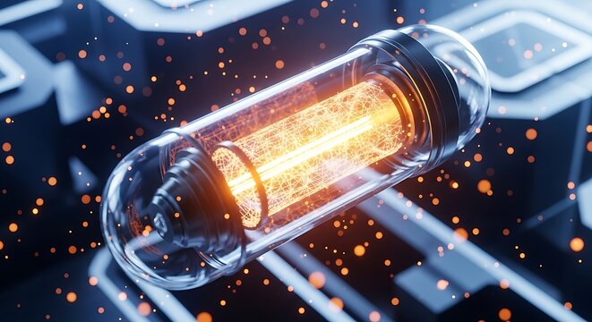 Glowing vacuum tube with sparks and circuitry background
