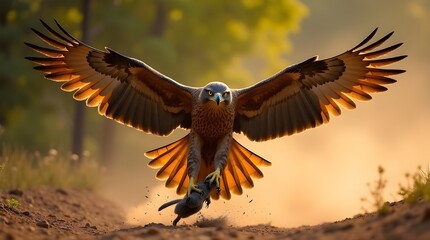 Majestic eagle in flight carrying prey with wings spread wide