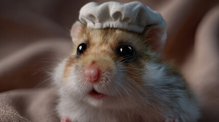 Cheeky hamster with a tiny chef hat.