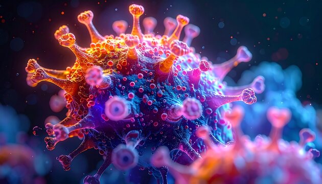 Microscopic view of a glowing virus particle, science and health concept, extreme close-up, detailed 3D render