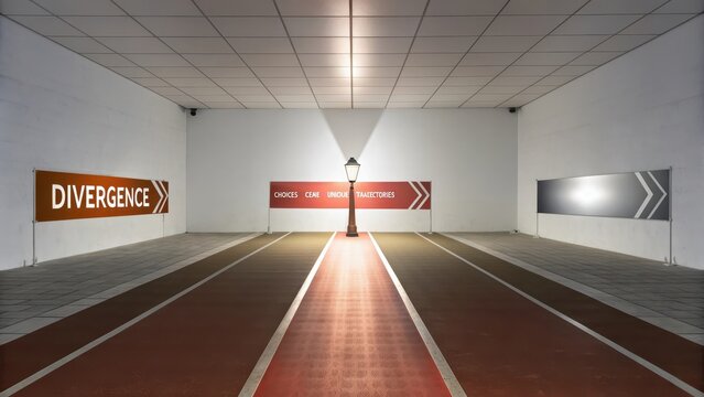 A lone streetlamp illuminates diverging red and grey pathways in a modern architectural space - Powered by Adobe