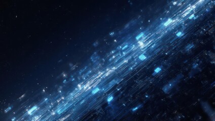 Abstract Blue Light Streaks and Particles Flowing in Darkness.