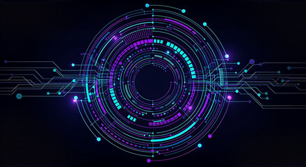 Abstract digital technology background with glowing neon circles and circuit lines on a dark backdrop.