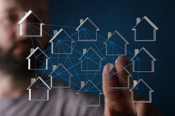 Conceptual image of connected homes and the digital network. Represents real estate, technology, and global connections. Perfect for articles ab