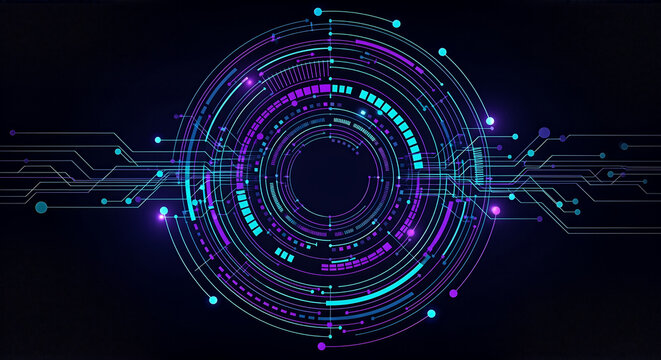 Abstract digital technology background with glowing neon circles and circuit lines on a dark backdrop.