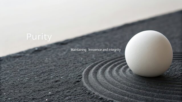 A perfectly smooth white sphere rests on a dark sand surface with zen garden patterns.