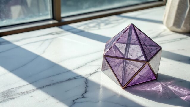 A single, perfectly symmetrical purple geometric prism object resting on a bright, marbled surface with strong light and shadows.