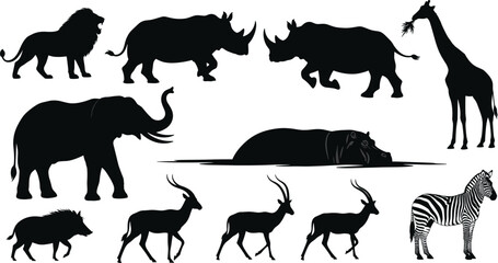 Obraz premium Collection of black silhouette safari animals on a white background lion rhino